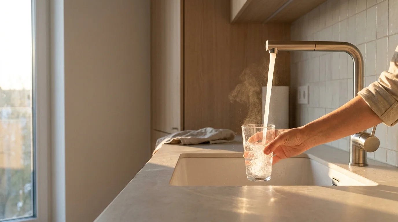 Küchenarmatur im Morgenlicht, ein klarer Wasserstrahl füllt ein Glas