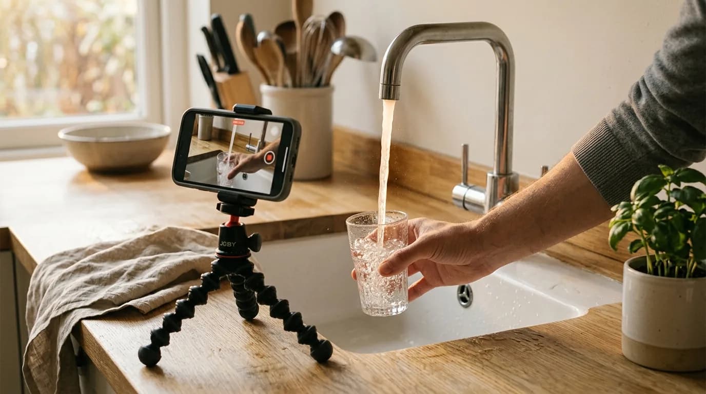 Ein Handy auf einem kleinen Stativ filmt eine Küchenarmatur im Morgenlicht