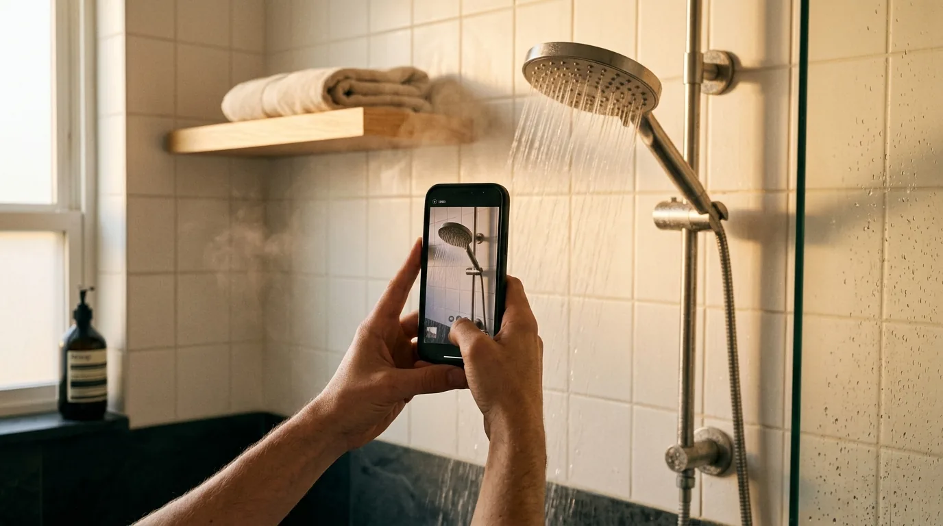 Ein laufender Duschkopf wird zu Hause mit dem Handy gefilmt